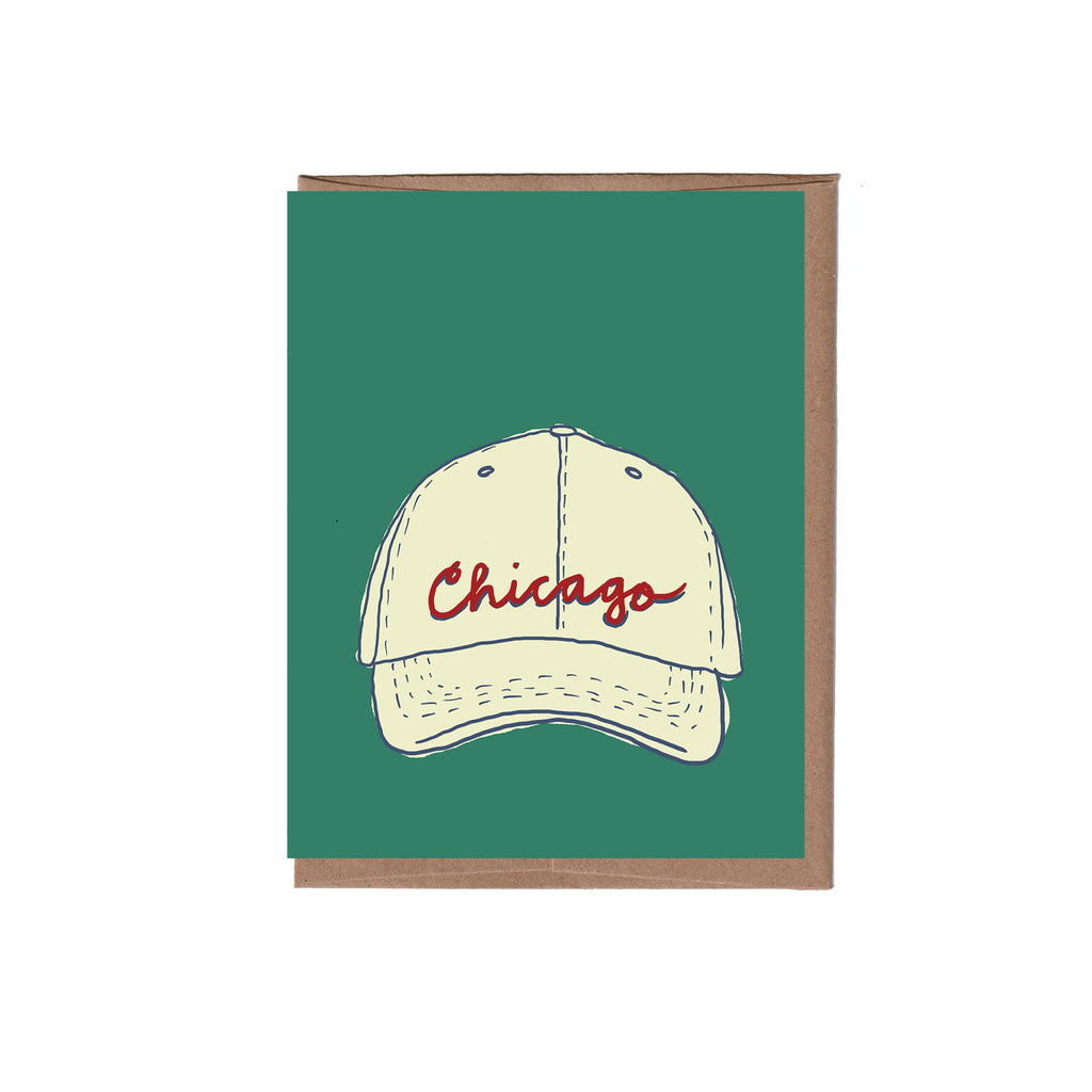 Card with a cap design and 'Chicago' text on a green background