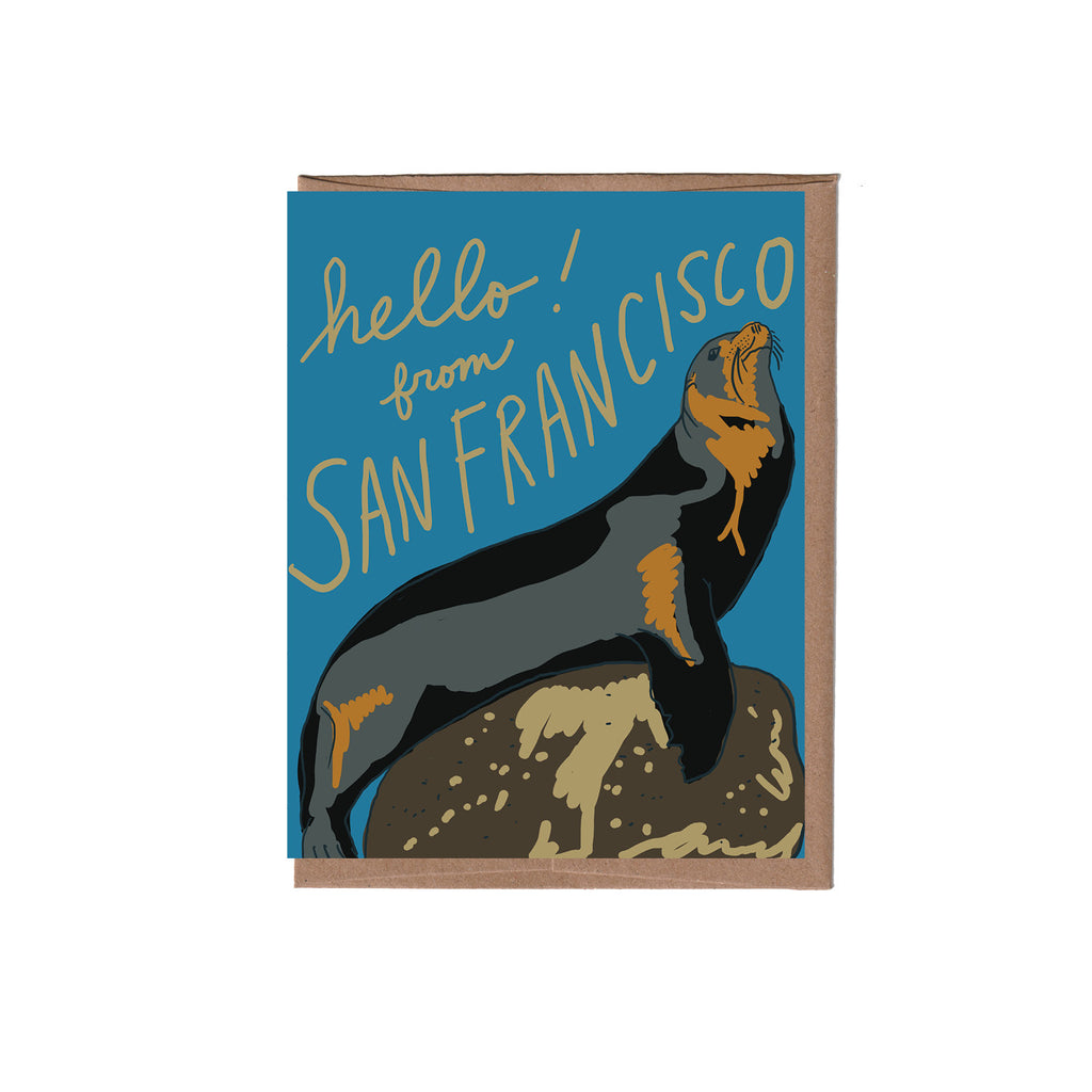 Card with a seal illustration and 'hello from San Francisco' text on a blue background
