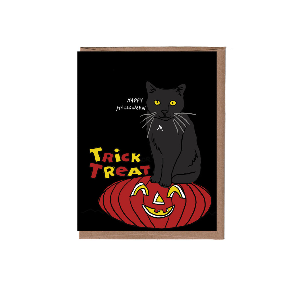 Halloween card with a black cat and pumpkin, featuring 'Happy Halloween' and 'Trick or Treat' text.