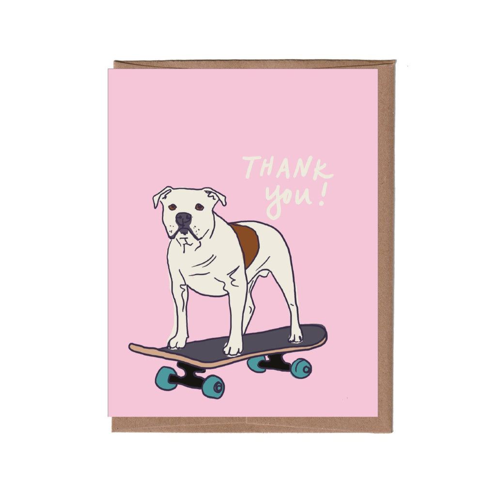 Card with a dog on a skateboard and 'Thank you!' text on a pink background