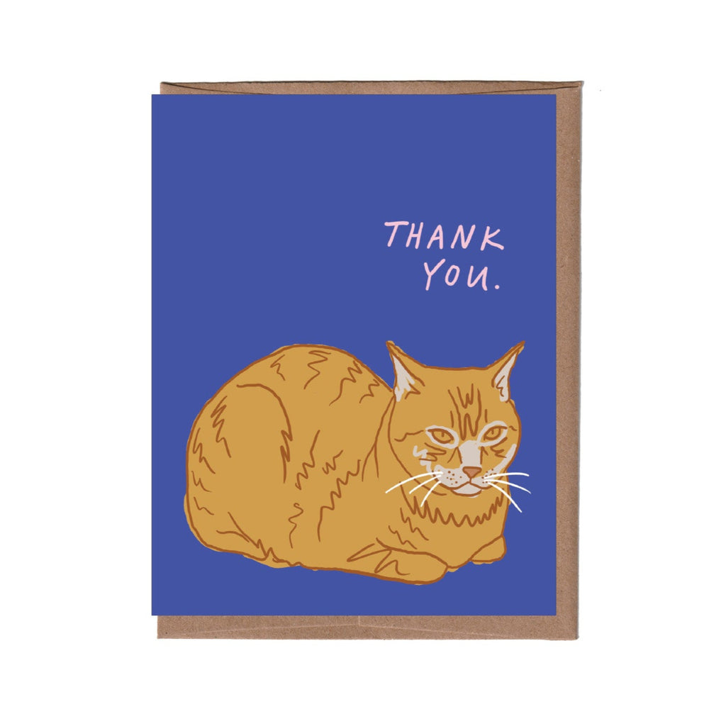 Card with a cat illustration and 'Thank You' text on a blue background