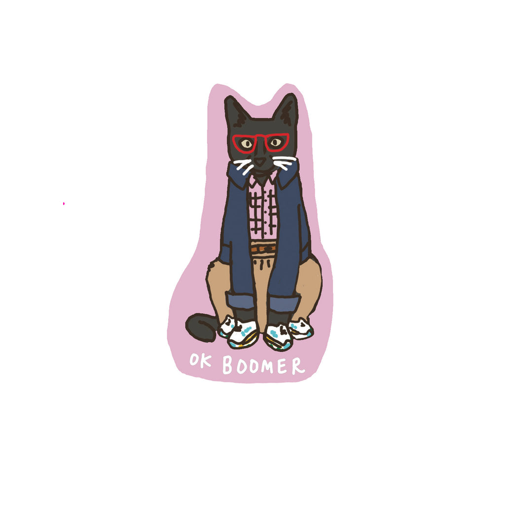 Illustration of a cat wearing glasses and a coat with 'OK Boomer' text on a pink background