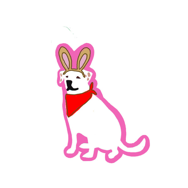 Cartoon dog with bunny ears and a red bandana on a white background