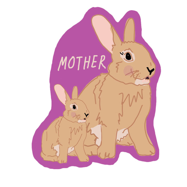 Illustration of a mother rabbit and her baby with 'MOTHER' text on a purple background