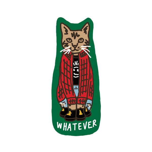 Cat with a red jacket and 'Whatever' text on a green background