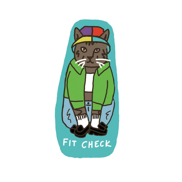 Illustration of a cat wearing a green jacket and colorful hat on a turquoise background with 'Fit Check' text.