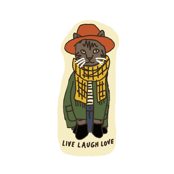 Sticker of a cat wearing a hat and scarf with 'Live Laugh Love' text on a white background