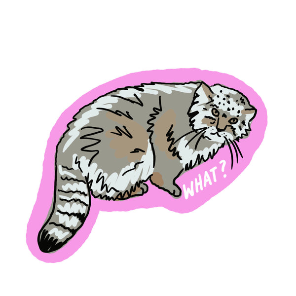 Sticker of a pallas cat with a pink border and 'WHAT?' text on a white background