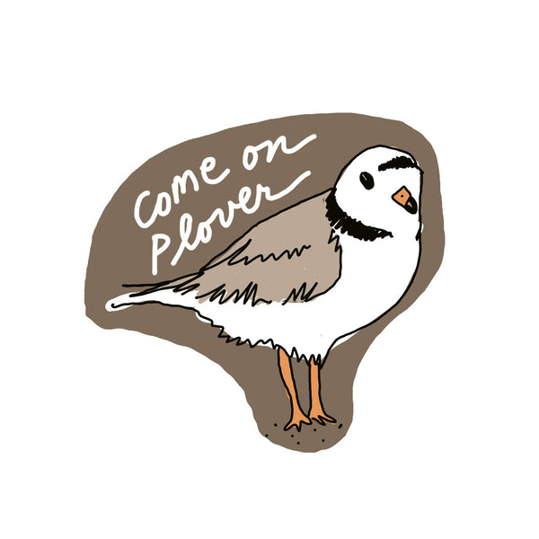 Illustration of a bird with a speech bubble saying 'Come on Plover' on a white background