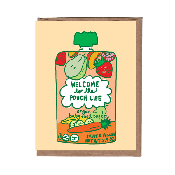 Card with a design of a baby food pouch and text on a beige background