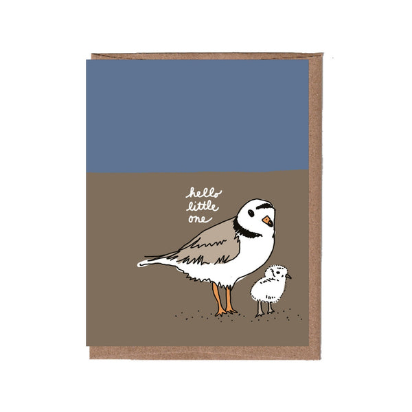Card with illustration of a bird and chick and text 'hello little one' on a blue and brown background.