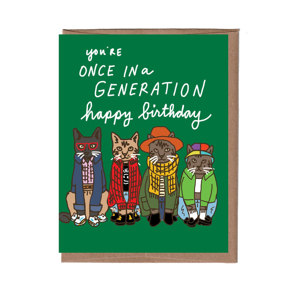 Birthday card with illustrated cats in coats and hats on a green background