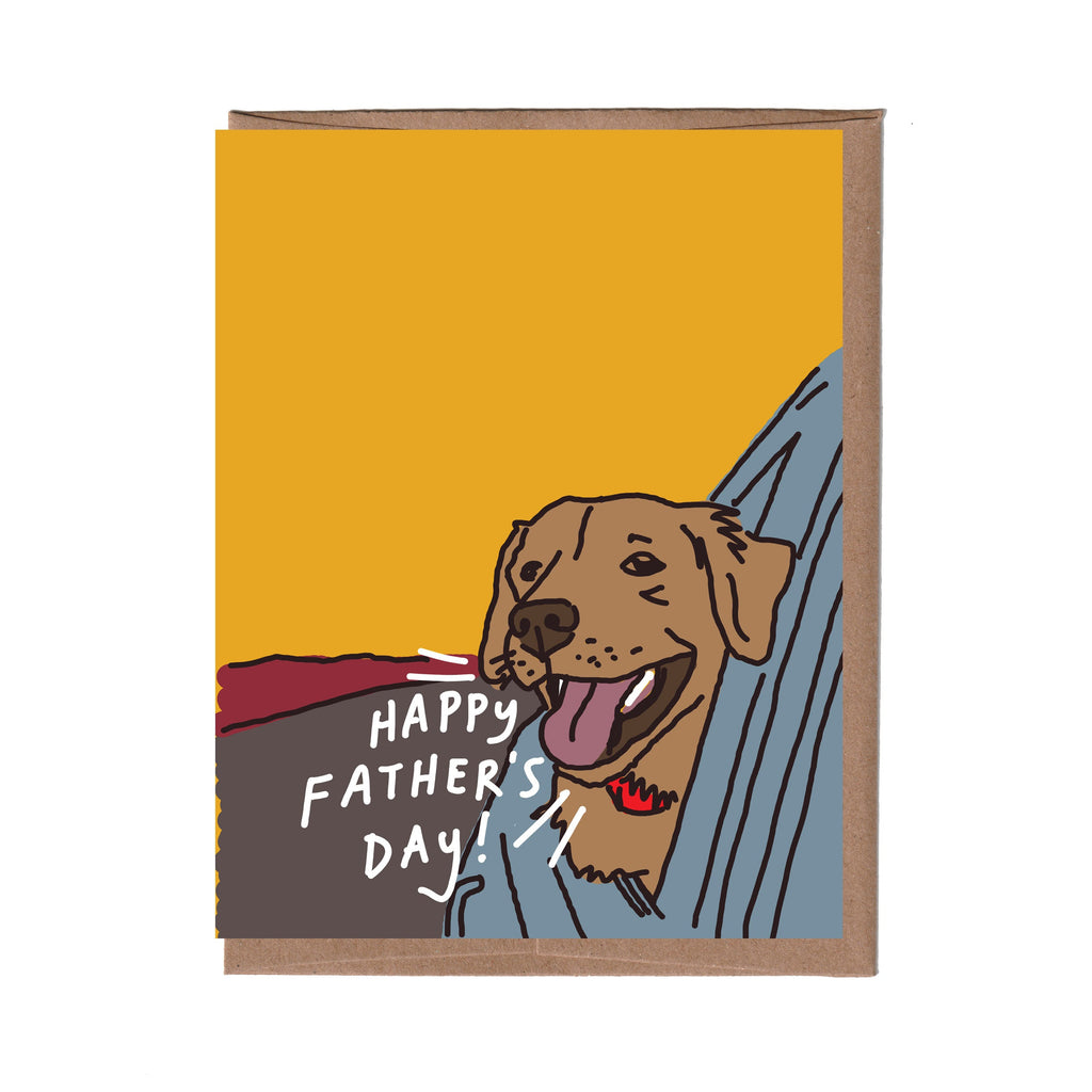 Father's Day card with a dog illustration and 'Happy Father's Day!' text on a yellow background.