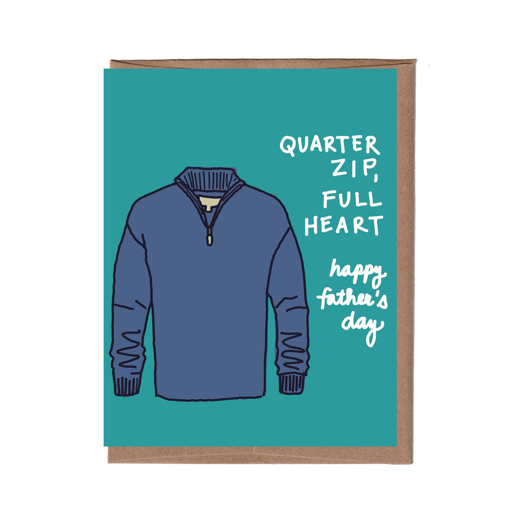 Card with a blue sweater illustration and text on a teal background