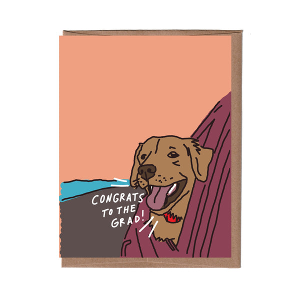 Card with a dog illustration and 'Congrats to the Grad!' text on a peach background