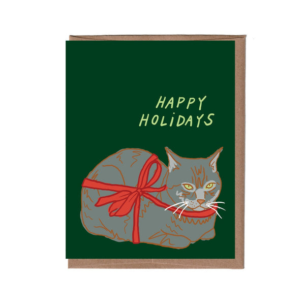 Greeting card with a cat illustration and 'Happy Holidays' text on a green background