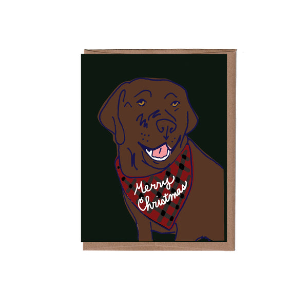Card with a brown dog wearing a red bandana with 'Merry Christmas' text on a black background