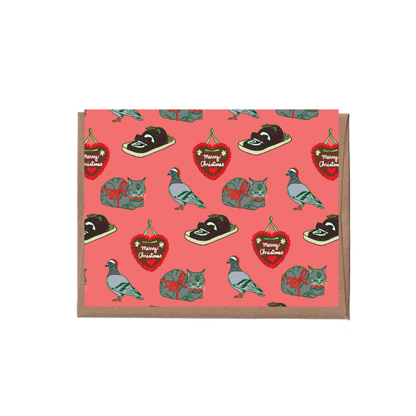 Card with Christmas-themed illustrations of animals on a pink background