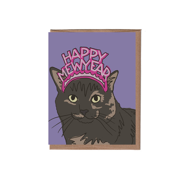 Card with a cat wearing a New Year's eve tiara on a purple background