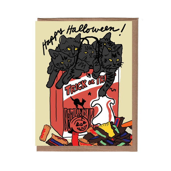 Halloween card with black cats, candy, and 'Trick or Treat' bag on a beige background.