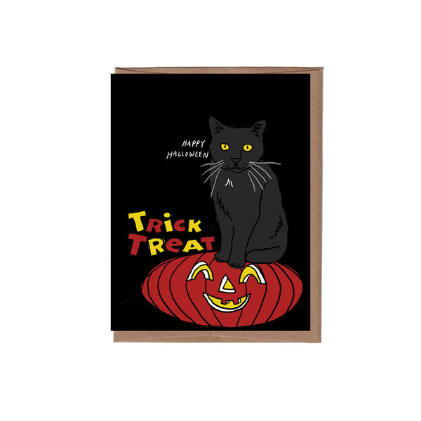 Halloween card with a black cat and pumpkin, featuring 'Happy Halloween' and 'Trick or Treat' text.