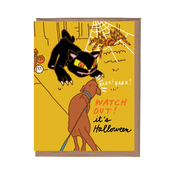 Dog Barking at Decorations Halloween Card
