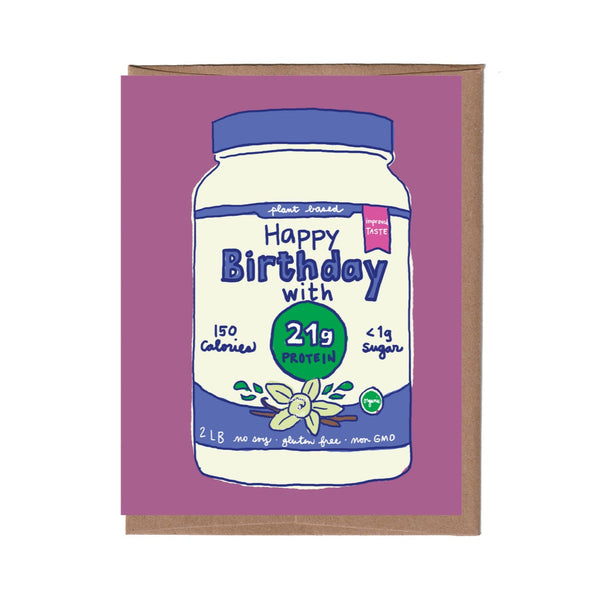 Card with a protein powder container design on a purple background